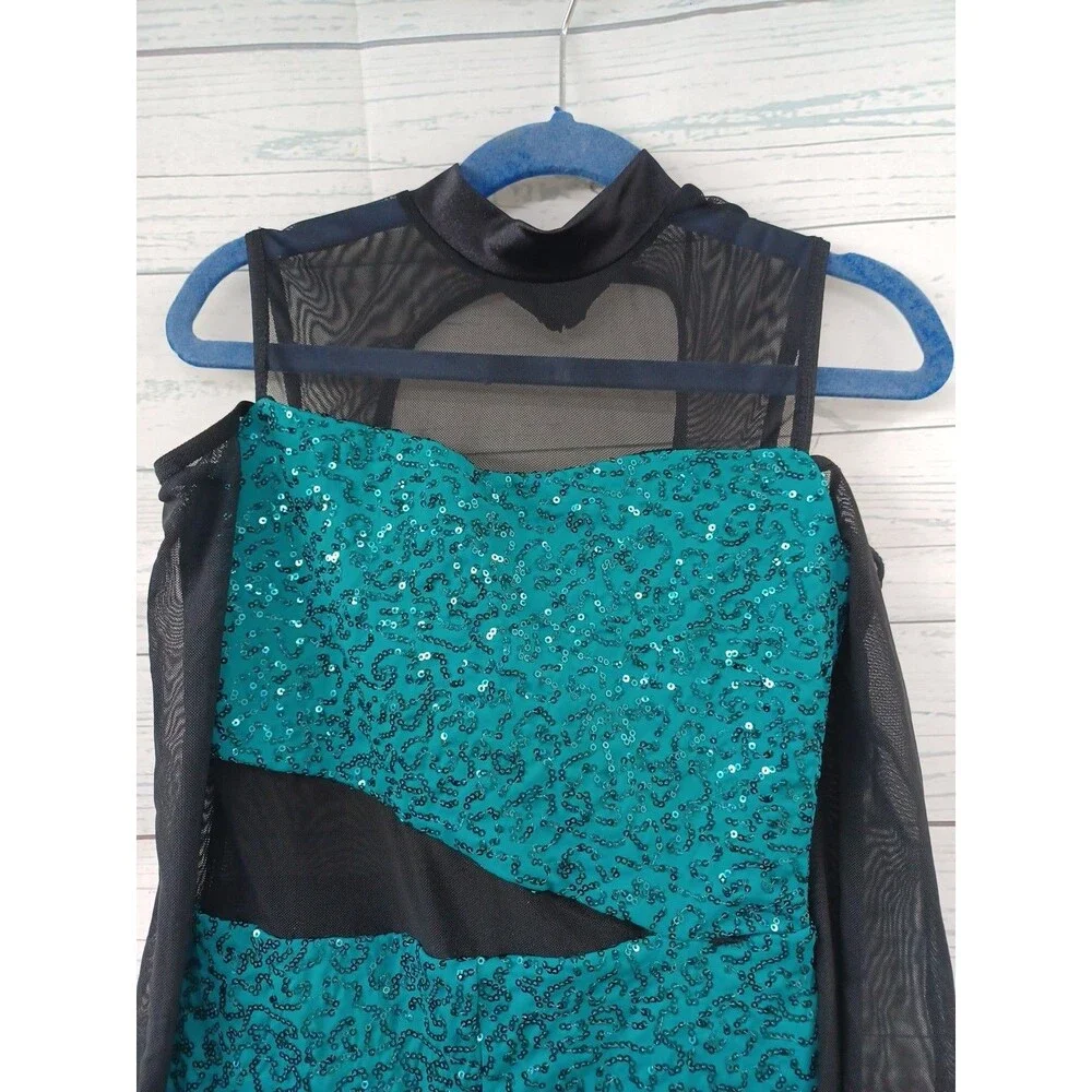 WEISSMAN Gamelan Dance Unitard Sheer One Leg Green Sequined Girl M Sz MC RN64830